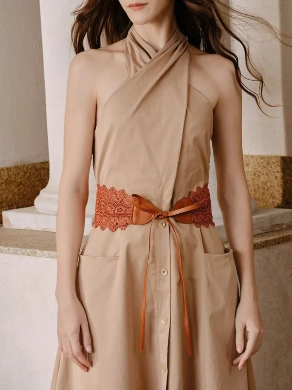 Rust Brown Crochet Lace Waist Belt with Tie Straps